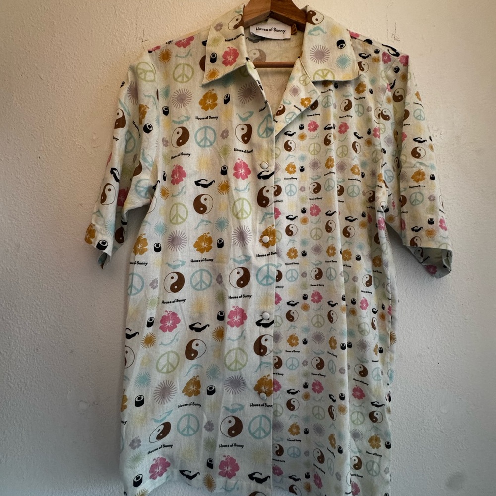 House of Sunny Cream Short-Sleeve Button Shirt with Floral & Yin Yang Print